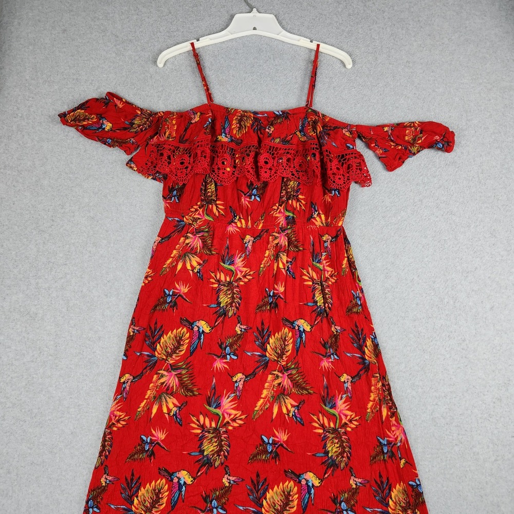No Boundaries Maxi Dress Juniors 3XL Red Tropical Floral Ruffle Cold Shoulder